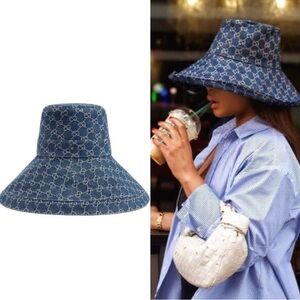 GUCCI Navy Blue Monogram Denim Wide Brim Bucket Hat M Eco Washed